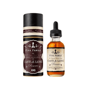 Five Pawns Castle Long Reserve MMXXIV Limited Edition e-liquid bottle and packaging.