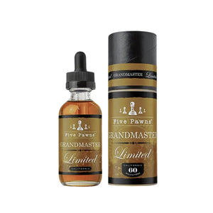 Five Pawns Grandmaster Limited Edition 60ml e-liquid bottle and packaging in gold and black.