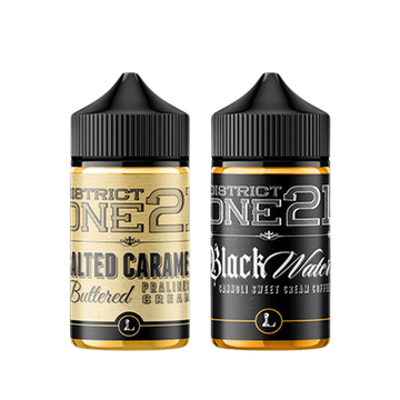 Two District One21 vape juice bottles: Salted Caramel and Black Water flavours.