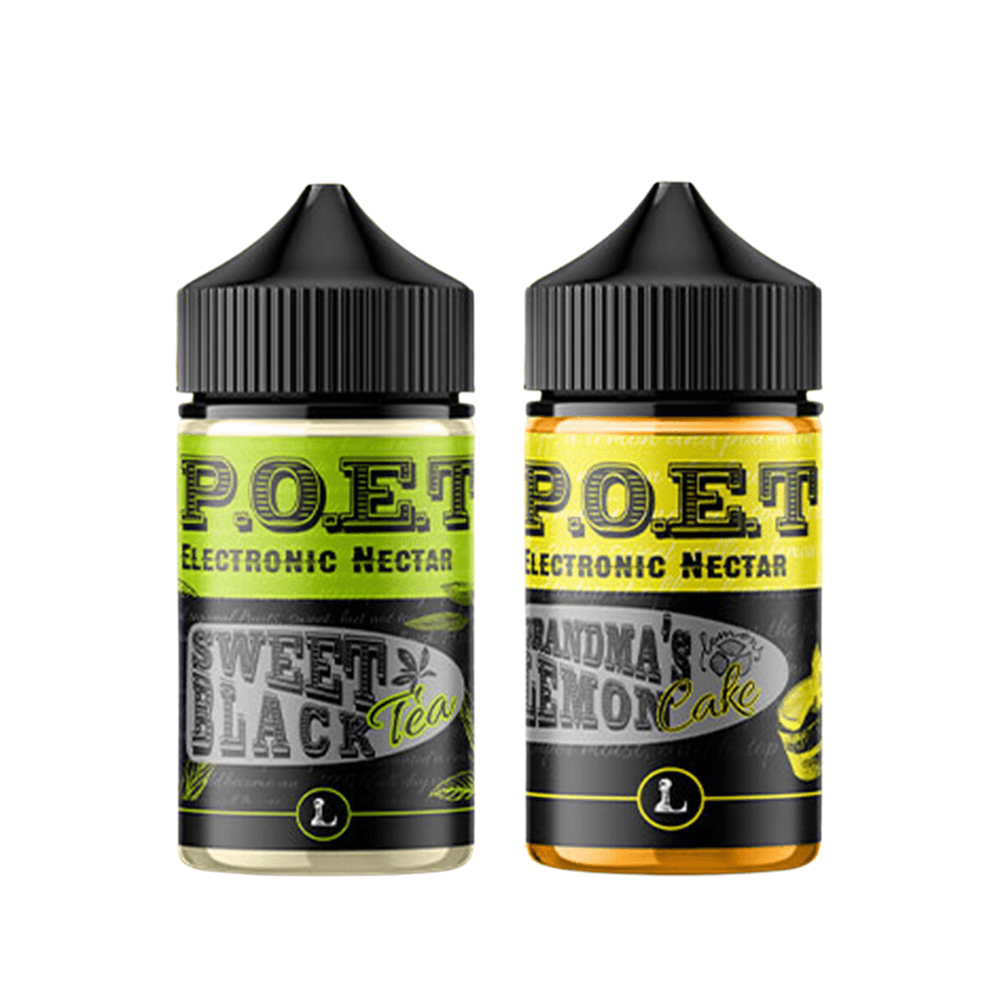 Two bottles of Poet Electronic Nectar e-liquid: Sweet Black Tea and Grandma's Lemon Cake.