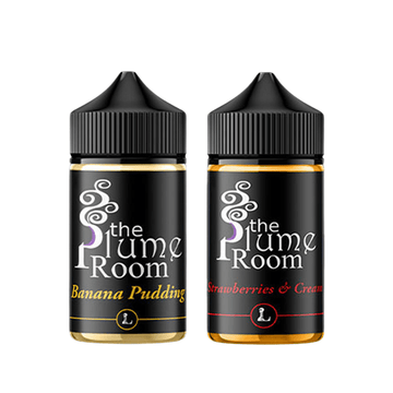 Two bottles of The Plume Room vape juice: Banana Pudding and Strawberries & Cream.