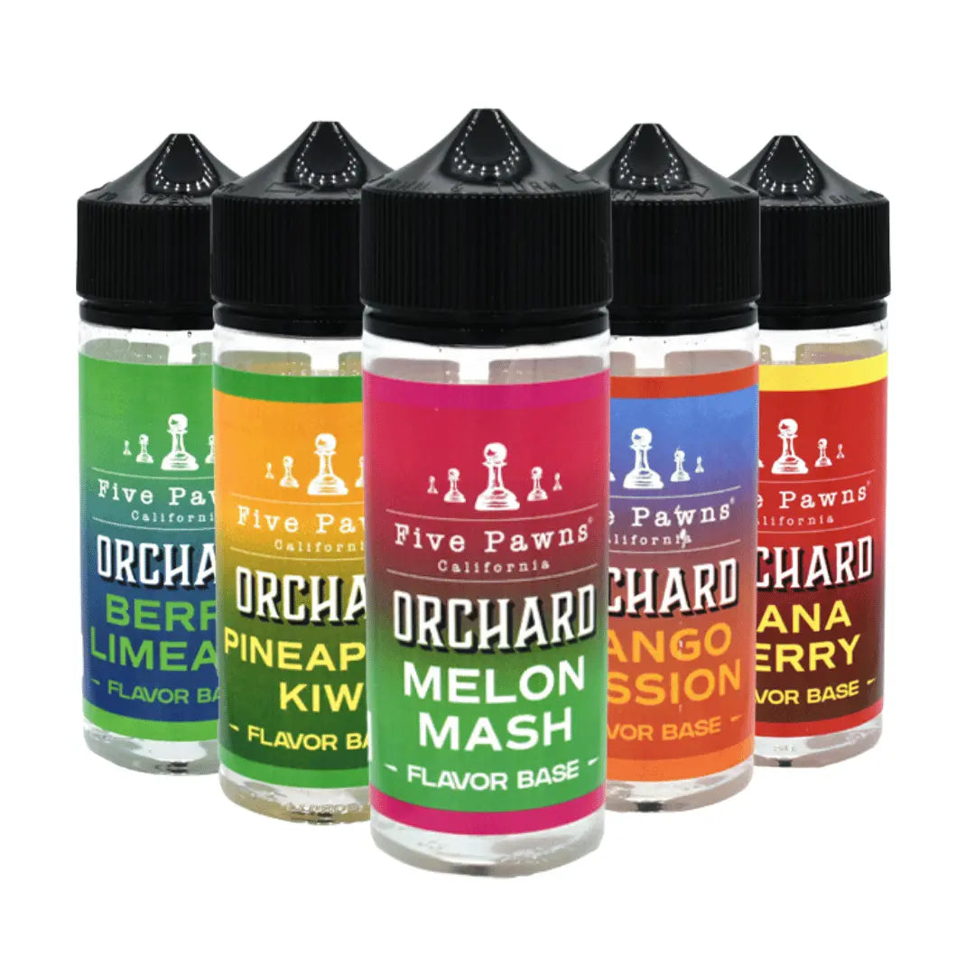 Five Pawns Orchard Blends e-liquid bottles in various fruit flavours, 100ml shortfill.