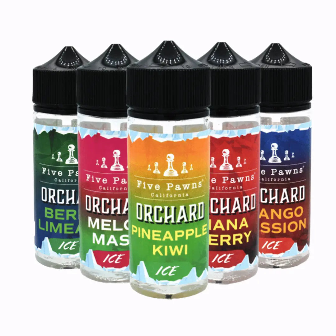 Five Pawns Orchard Ice e-liquids: Berry Limeade, Melon Mash, Pineapple Kiwi, Banana Berry, Mango Passion.