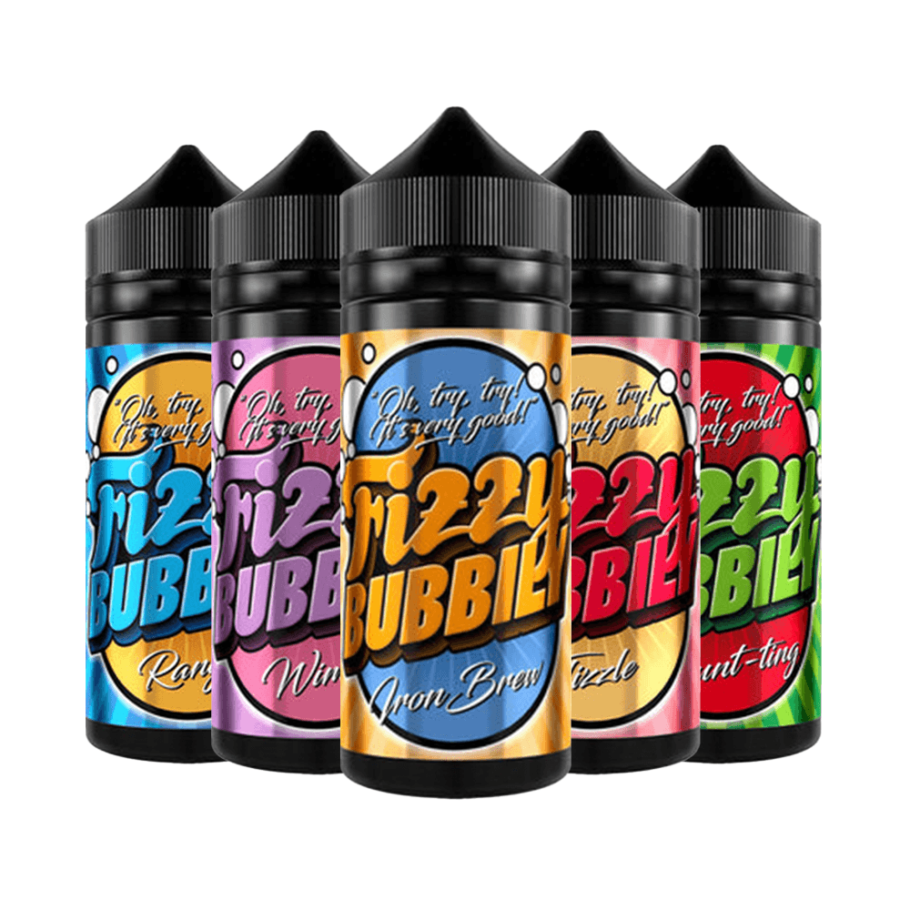 Five colourful Fizzy Bubbily vape juice bottles in a row.