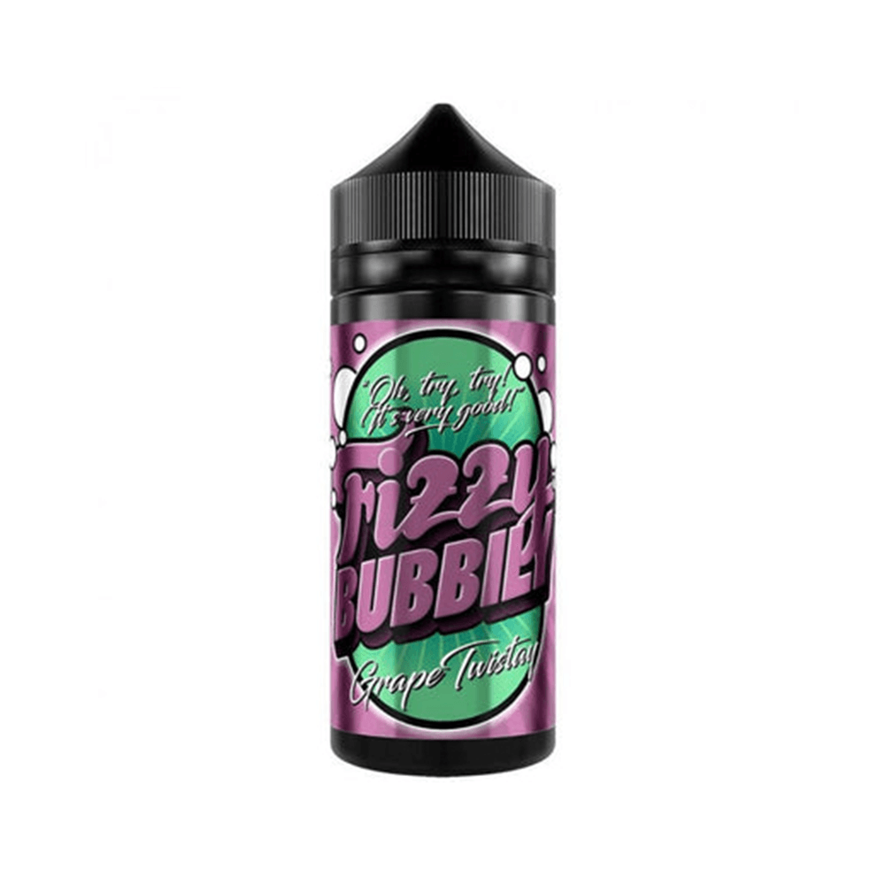 Fizzy Bubbily Grape Twist vape juice bottle, 100ml shortfill, vibrant label design.