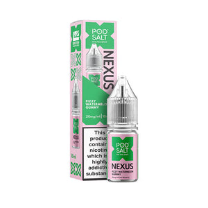 Pod Salt Nexus Fizzy Watermelon Gummy Nic Salt e-liquid bottle and packaging on a white background