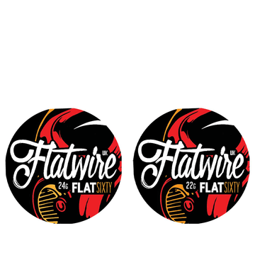 Two Flatwire UK Flat Sixty vape wire spools, 24g and 22g, with bold red and black design.