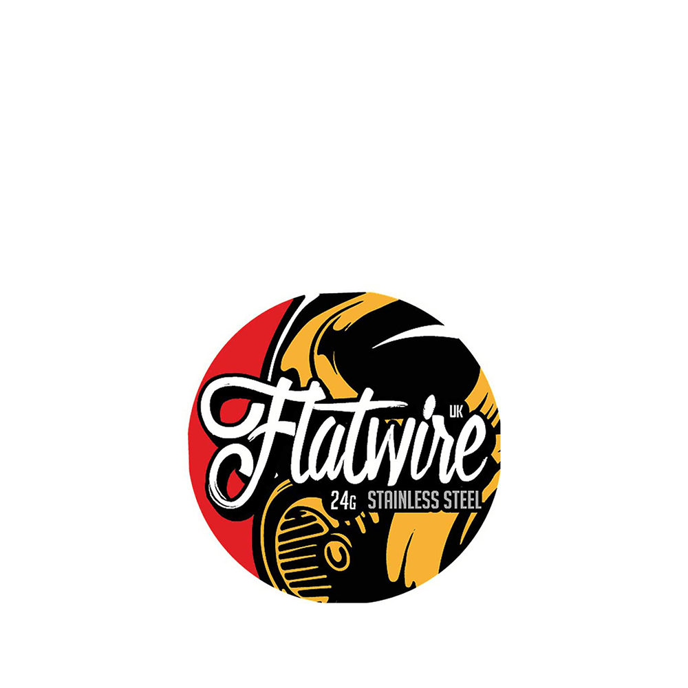 Flatwire UK 24g stainless steel vape wire logo with vibrant red and black design.