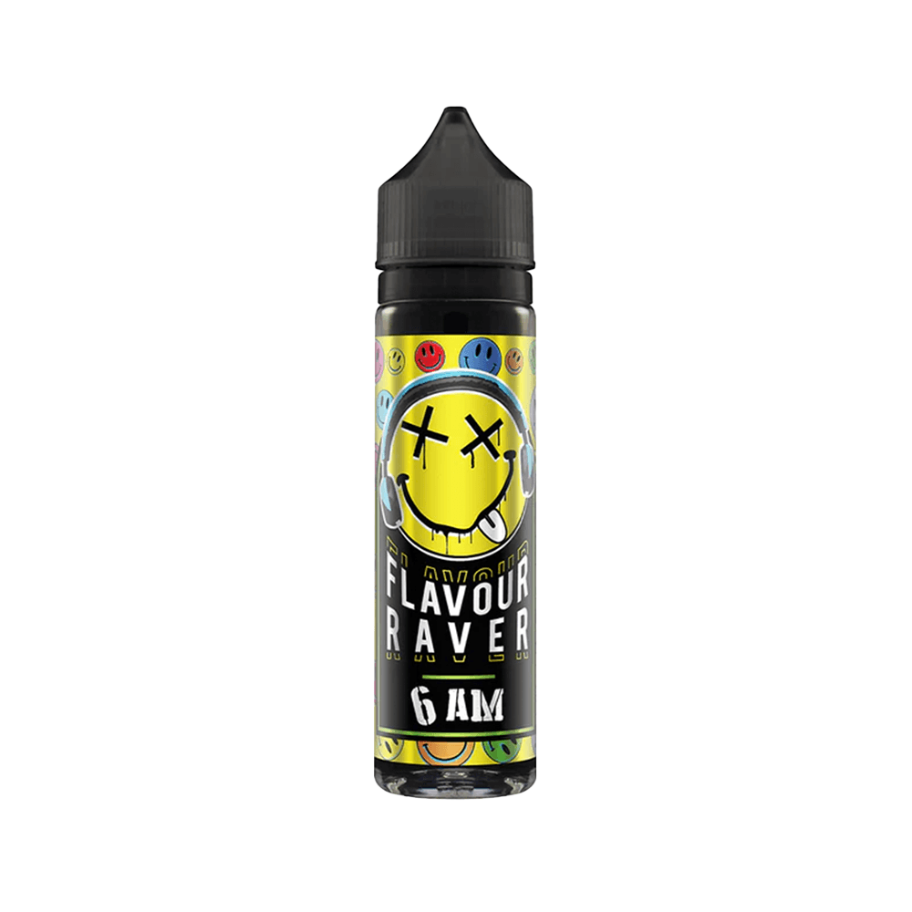 Flavour Raver 6 AM 50ml shortfill bottle with colourful design and smiley faces.