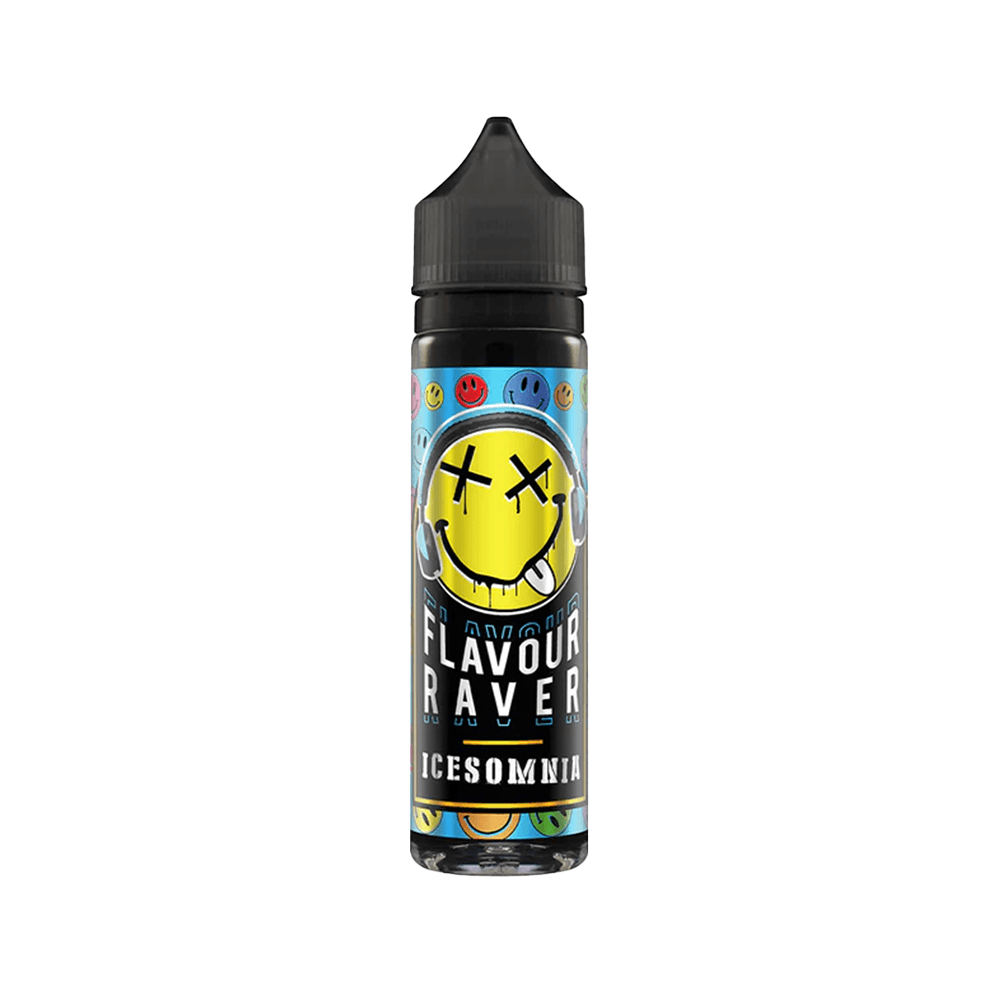 Flavour Raver Icesomnia e-liquid, 50ml shortfill bottle with vibrant smiley face design.