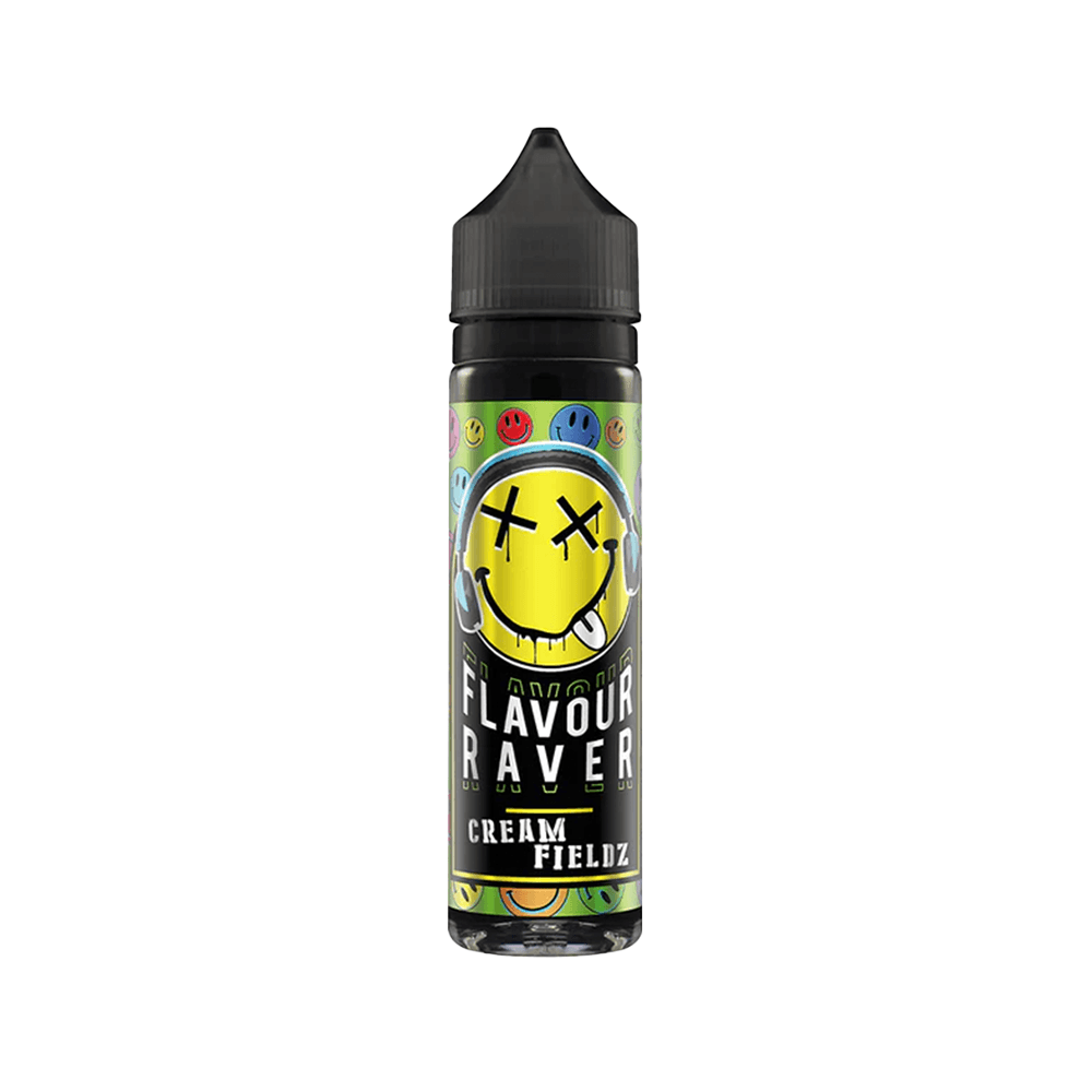 Flavour Raver Cream Fieldz vape juice bottle with a colourful, smiley face design.