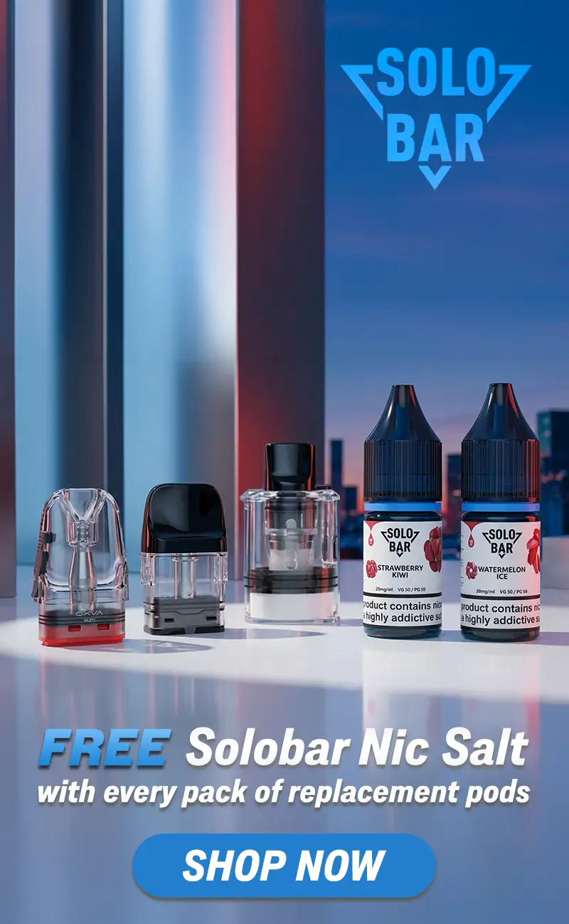 Shop Refillable Vape Pods and get a Free Solobar Nic Salt