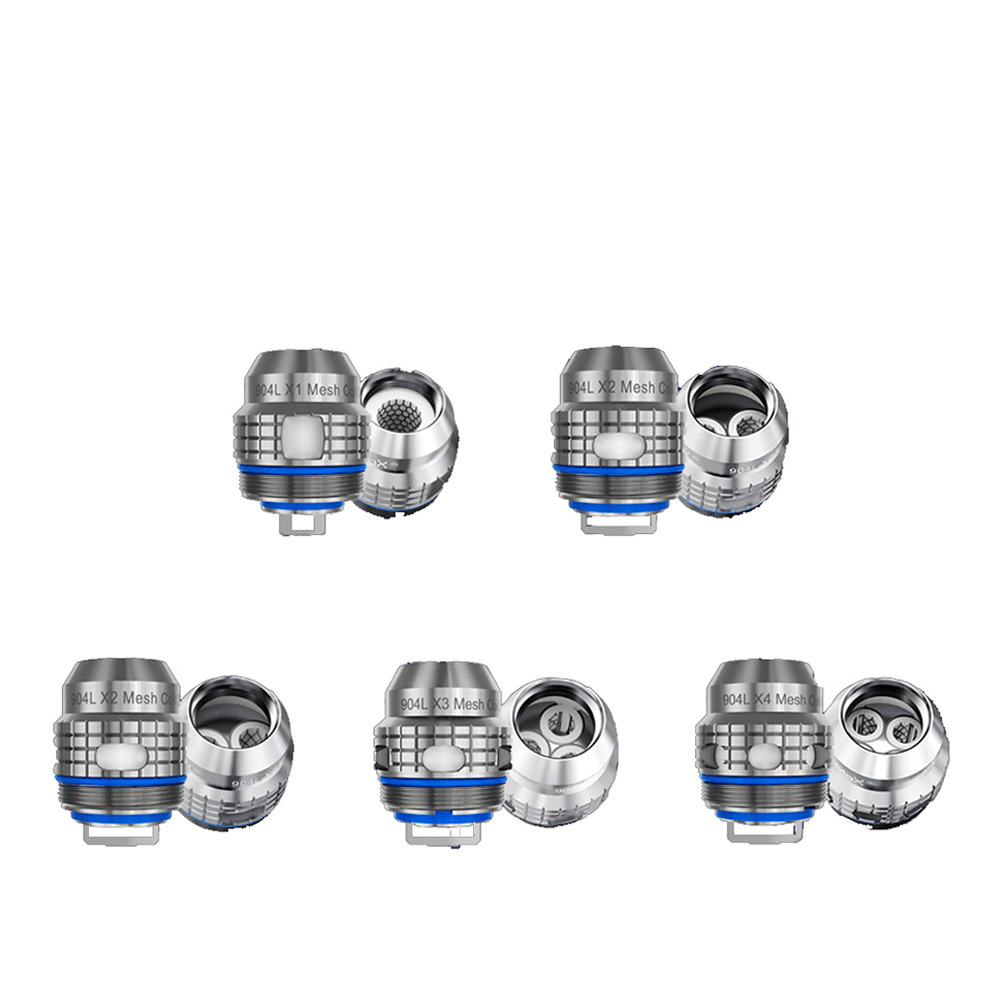 Freemax 904L X Mesh Coils, multiple angles, silver with blue accents.