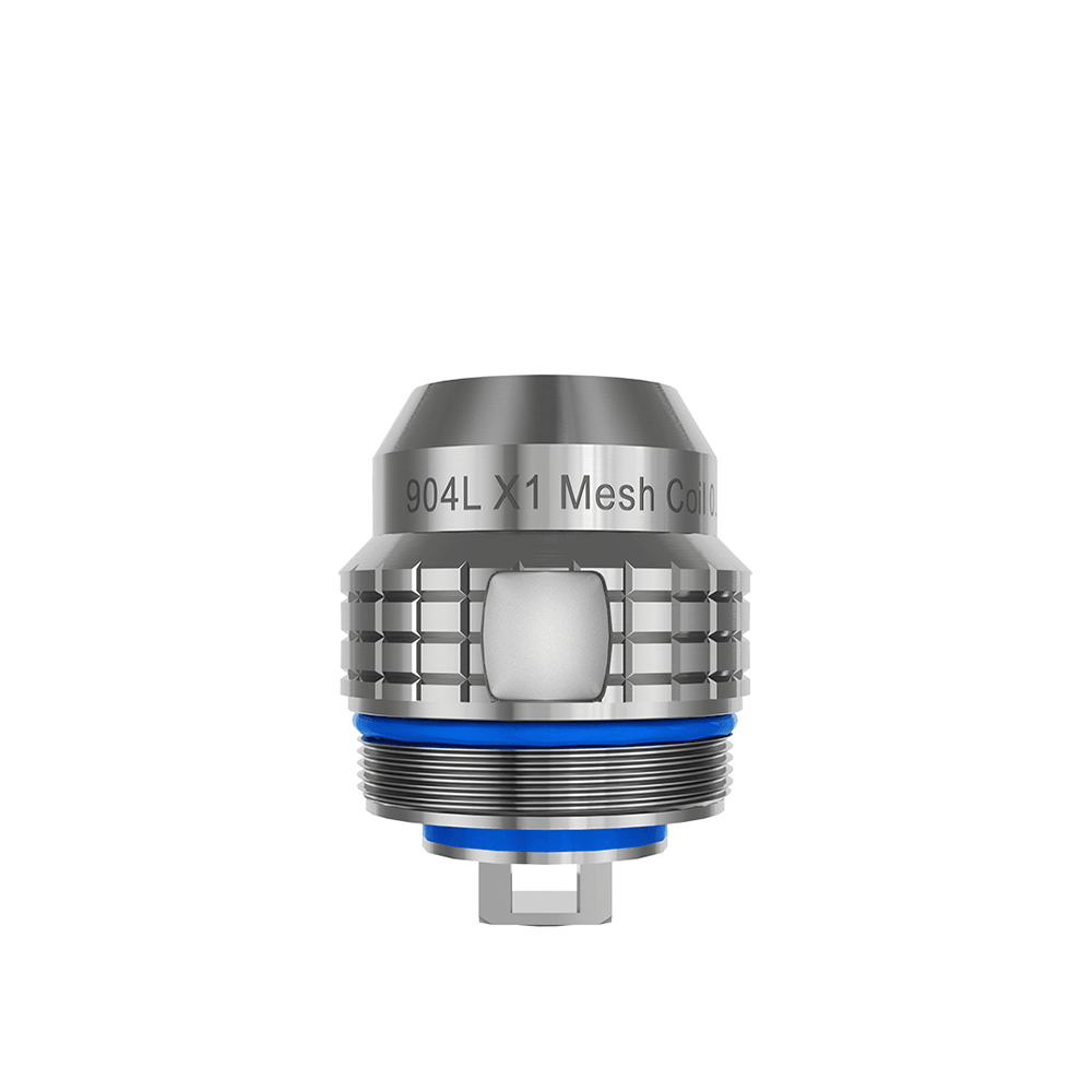 Freemax 904L X1 Mesh Coil with blue O-ring, silver finish, close-up.