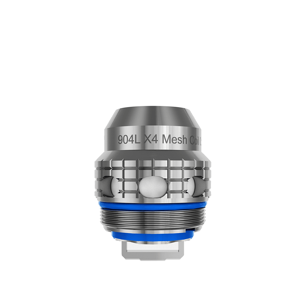 Freemax 904L X4 Mesh Coil head, silver with blue accents.