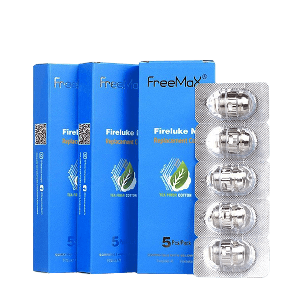 Freemax Fireluke M coils in blue packaging, 5-pack blister visible.