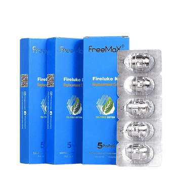 Freemax Fireluke M coils in blue packaging, 5-pack blister visible.