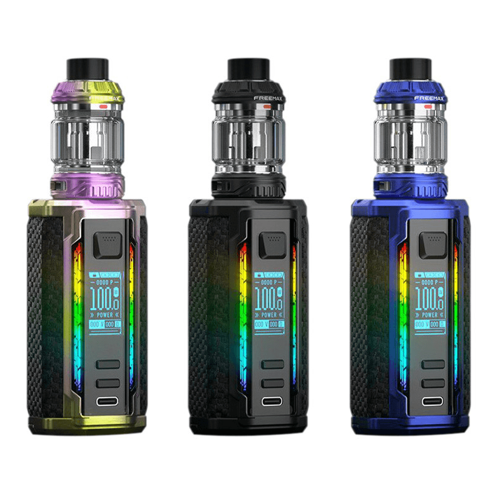 Three Freemax Maxus 3 200W vape kits in rainbow, black, and blue colours with digital displays.