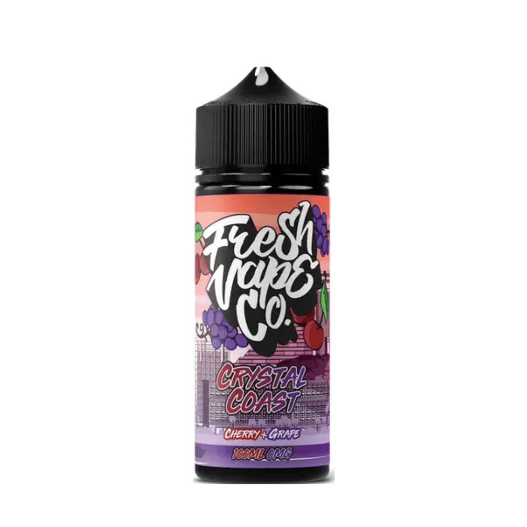 Fresh Vape Co Crystal Coast e-liquid, 100ml shortfill bottle, cherry and grape flavour.