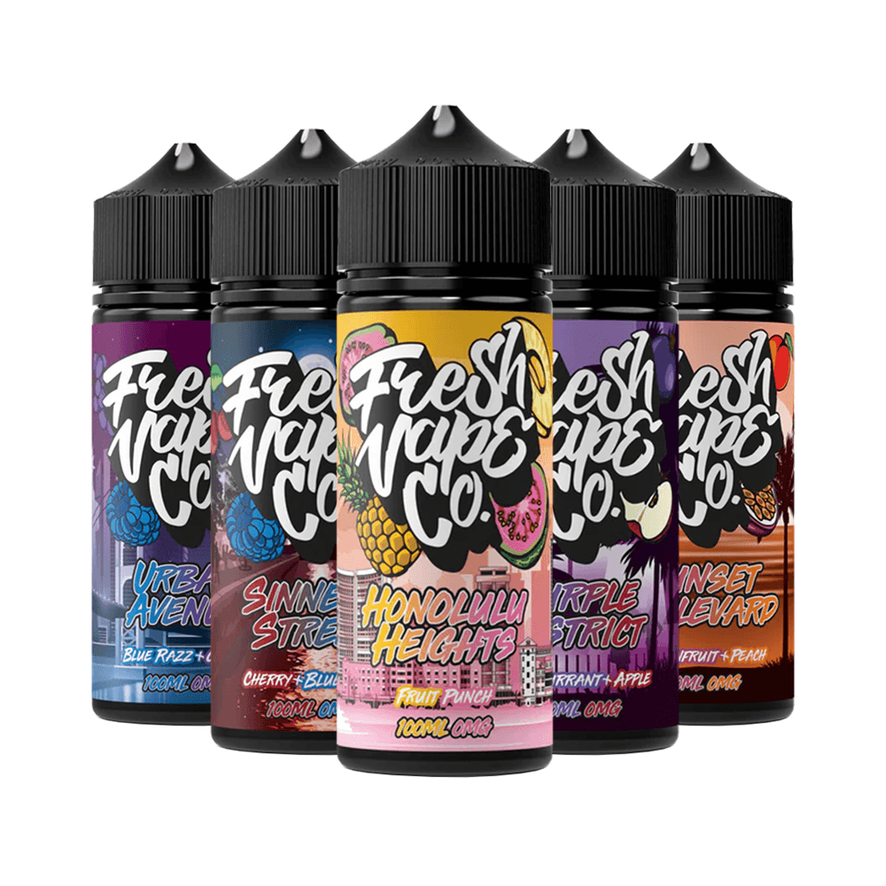 Fresh Vape Co e-liquid bottles in assorted fruity flavours.