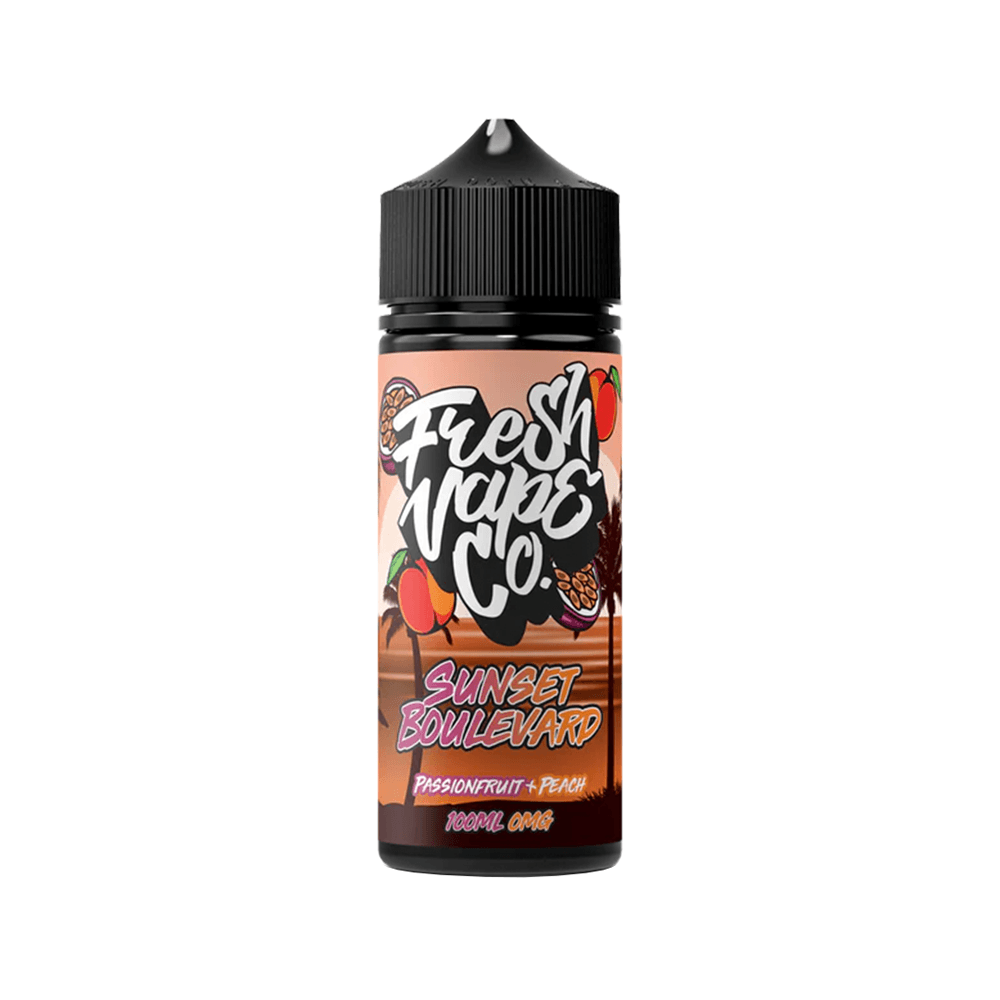 Fresh Vape Co. Sunset Boulevard e-liquid bottle, passionfruit and peach flavour, 100ml.