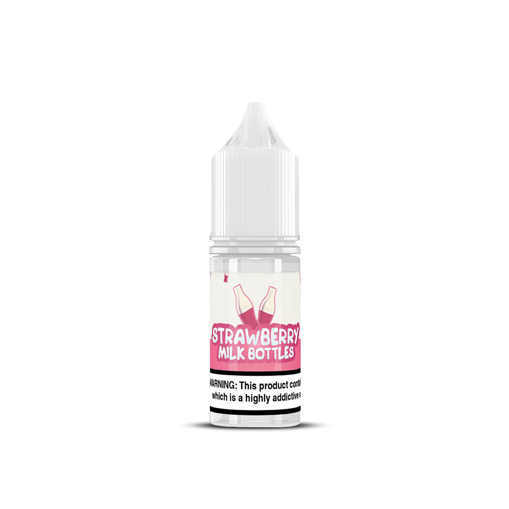 10ml bottle of Strawberry Milk Bottles vape juice with a warning label.