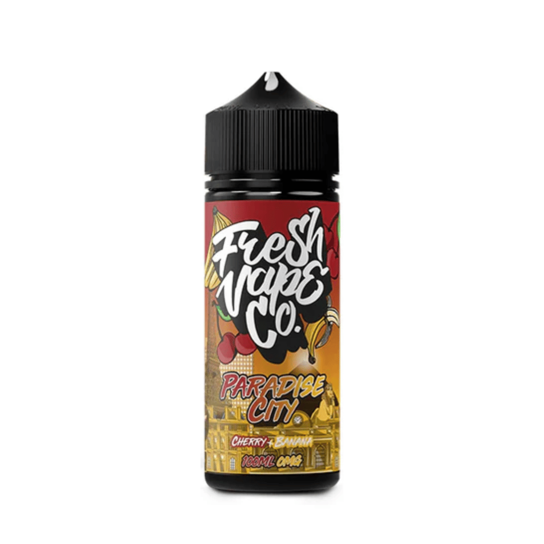 Fresh Vape Co Paradise City e-liquid bottle, featuring cherry and banana flavour design.