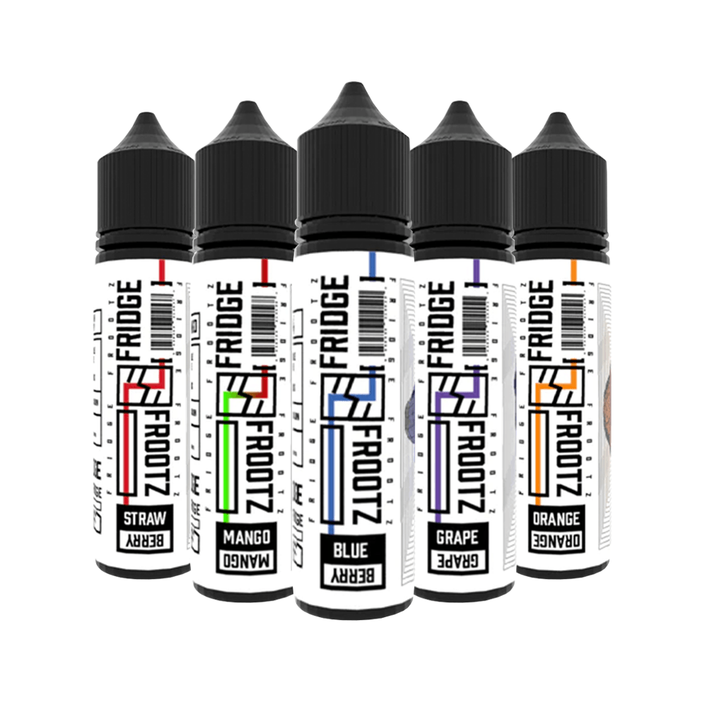 Five Fridge Frootz vape bottles: Strawberry, Mango, Blueberry, Grape, Orange.