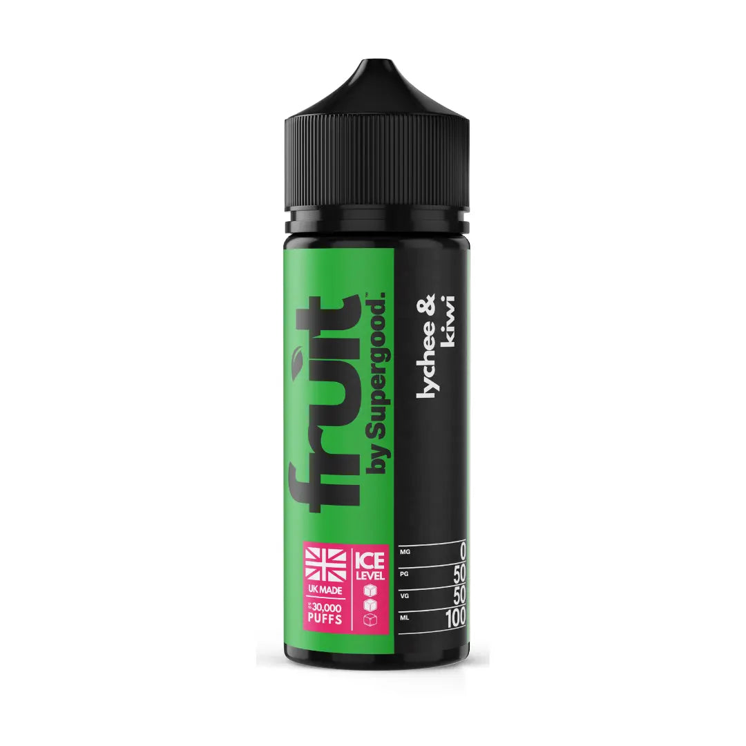 A single bottle of 'Fruit by Supergood' 100ml shortfill e-liquid in Lychee & Kiwi flavour