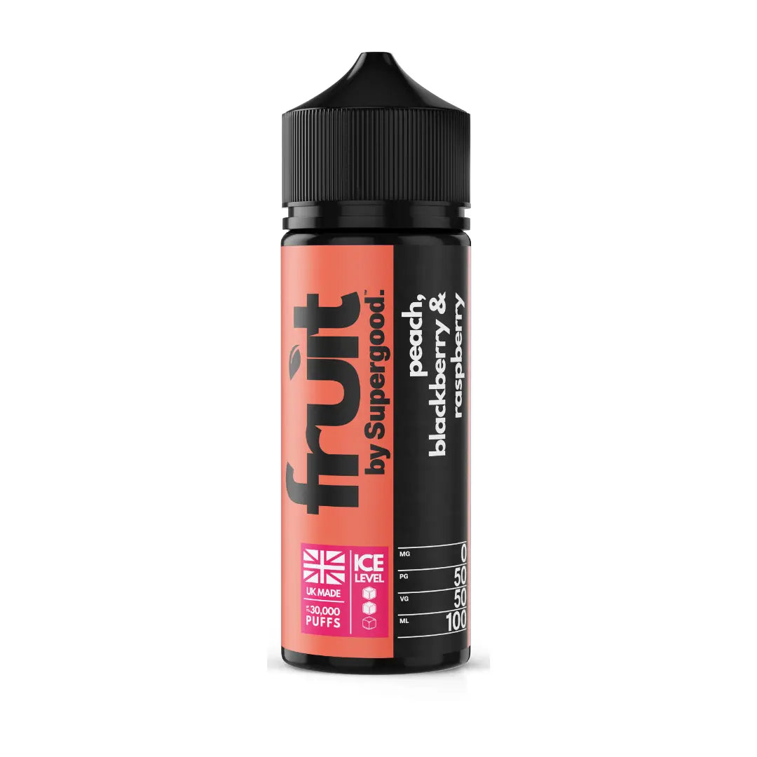 A single bottle of 'Fruit by Supergood' 100ml shortfill e-liquid in Peach, Blackberry & raspberry flavour