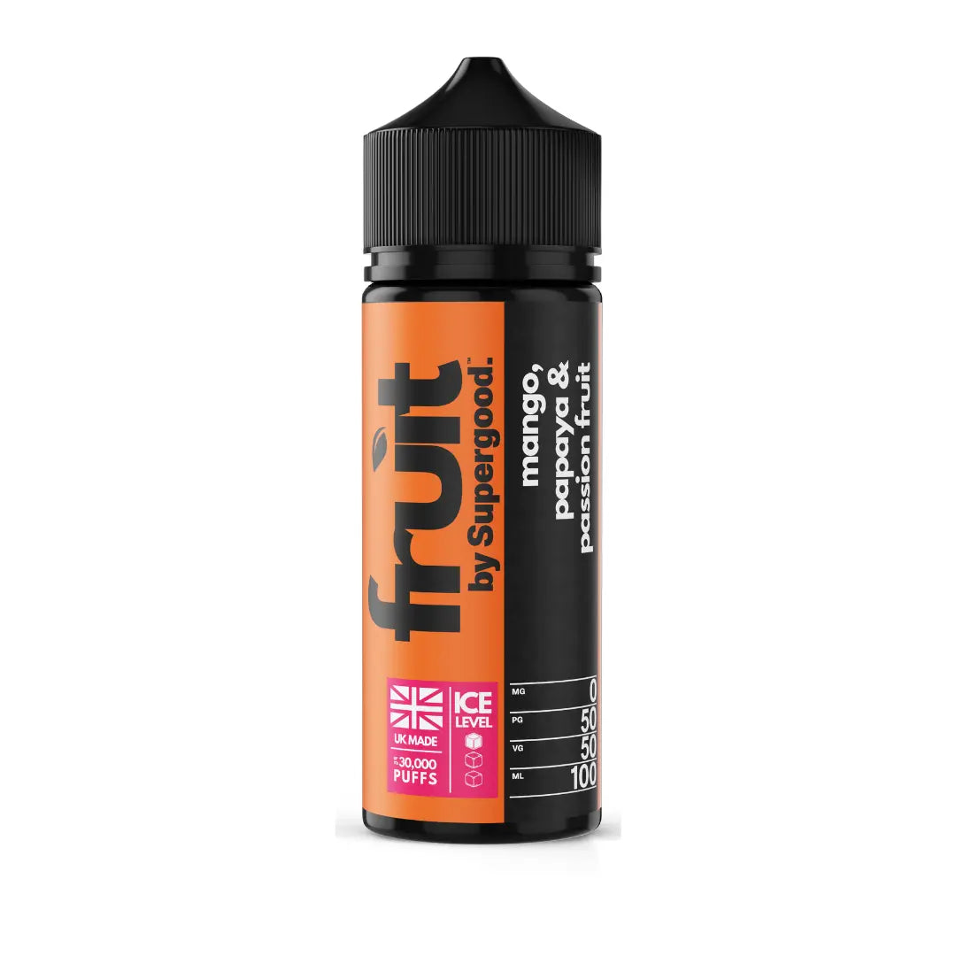 A single bottle of 'Fruit by Supergood' 100ml shortfill e-liquid in Mango, Papaya & passionfruit flavour