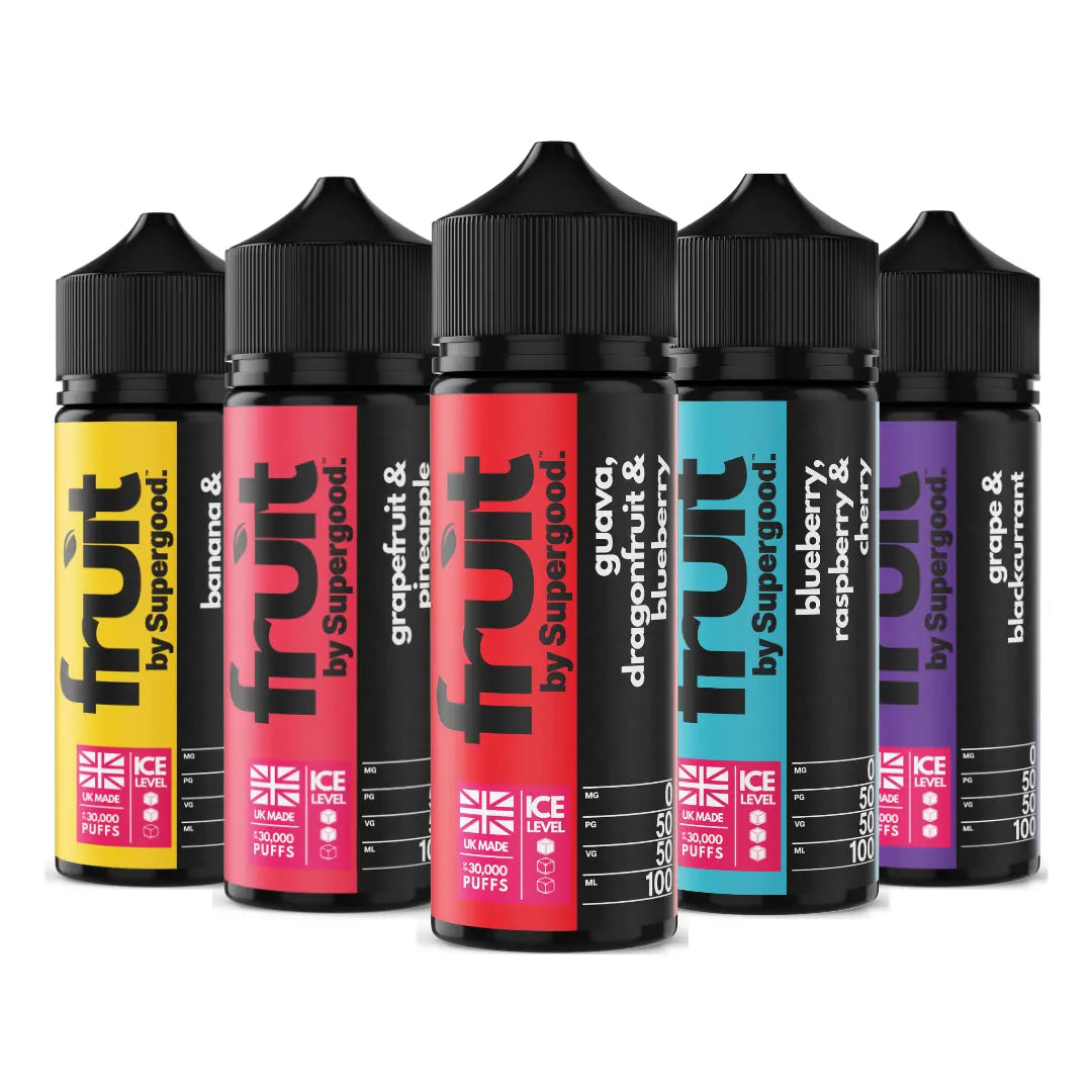 "A range of 'Fruit by Supergood' 100ml shortfill e-liquids in vibrant packaging showcasing flavours and The bottles highlight their UK-made quality and 'Ice Level' indicator.