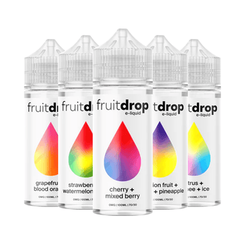 Five colourful Fruit Drop e-liquid bottles in various fruity flavours.