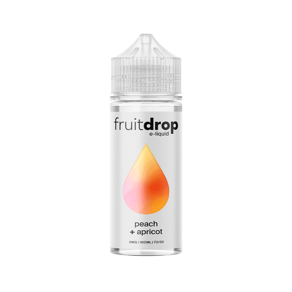 Fruit Drop e-liquid bottle, Peach + Apricot flavour, 100ml shortfill.