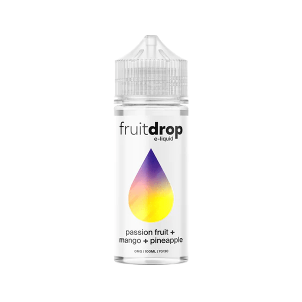 Fruit Drop e-liquid bottle with passion fruit, mango, and pineapple flavour, 100ml shortfill.