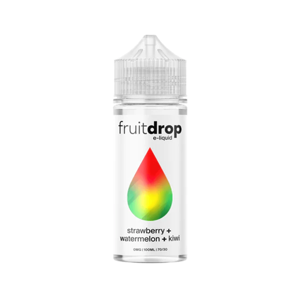 Bottle of Fruit Drop e-liquid, strawberry, watermelon, and kiwi flavour, 100ml shortfill.