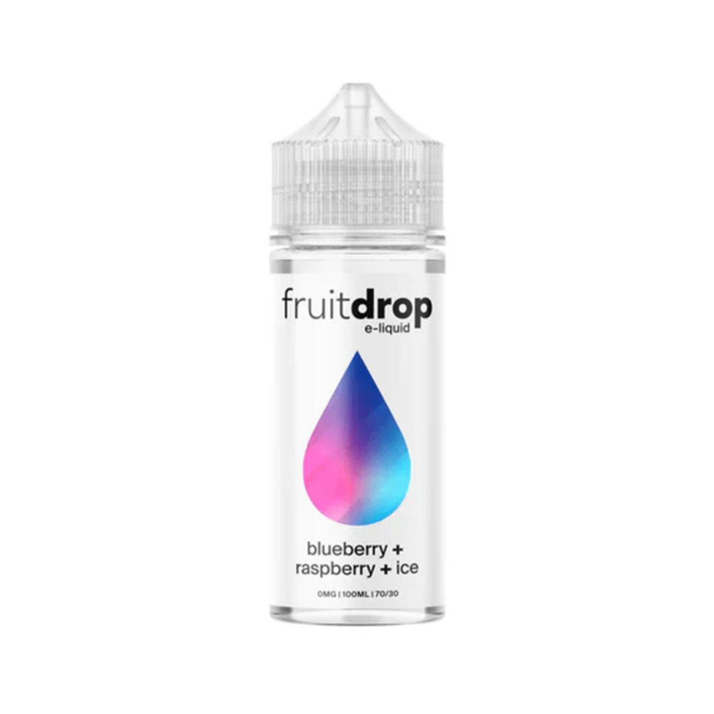 Fruit Drop e-liquid bottle, blueberry, raspberry, ice flavour, 100ml shortfill.