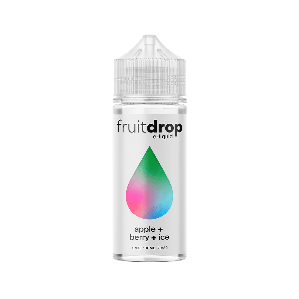 Fruitdrop e-liquid bottle, apple, berry, ice flavour, 100ml shortfill.