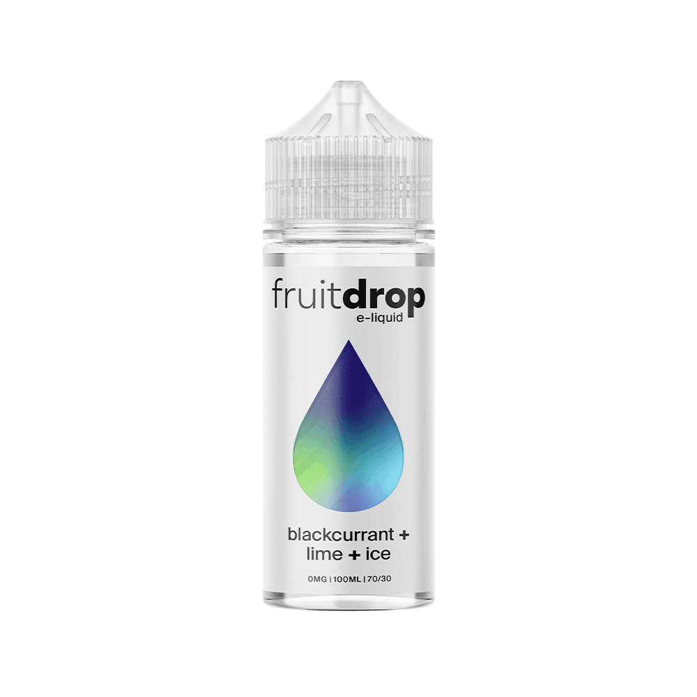 Fruit Drop e-liquid bottle, blackcurrant, lime, and ice flavour, 100ml shortfill.