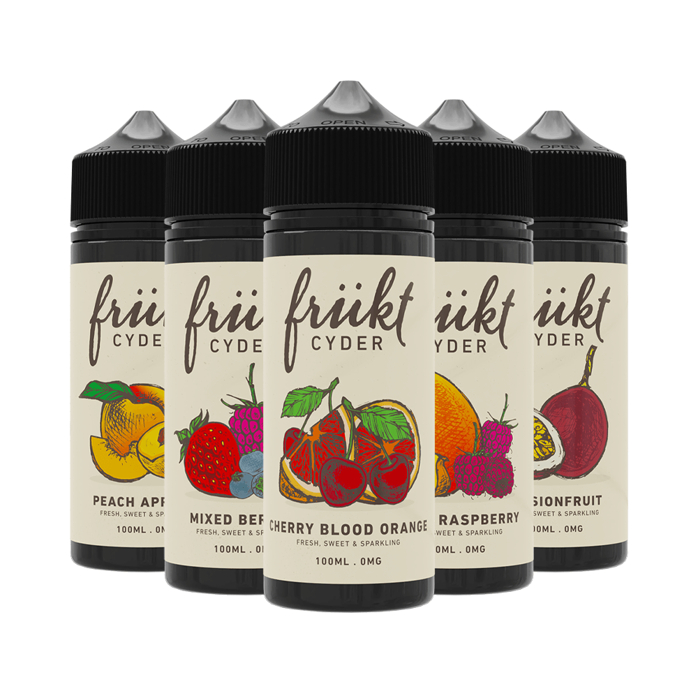 Frukt Cyder vape juices: Peach Apricot, Mixed Berries, Cherry Blood Orange, Raspberry, Passionfruit.