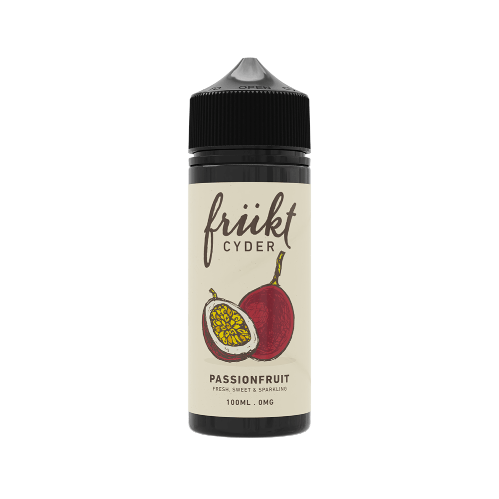 Frukt Cyder Passionfruit 100ml shortfill bottle with a fruit illustration on the label.