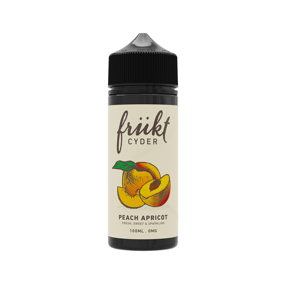 Frukt Cyder Peach Apricot vape juice bottle, 100ml, with fruit illustration on label.