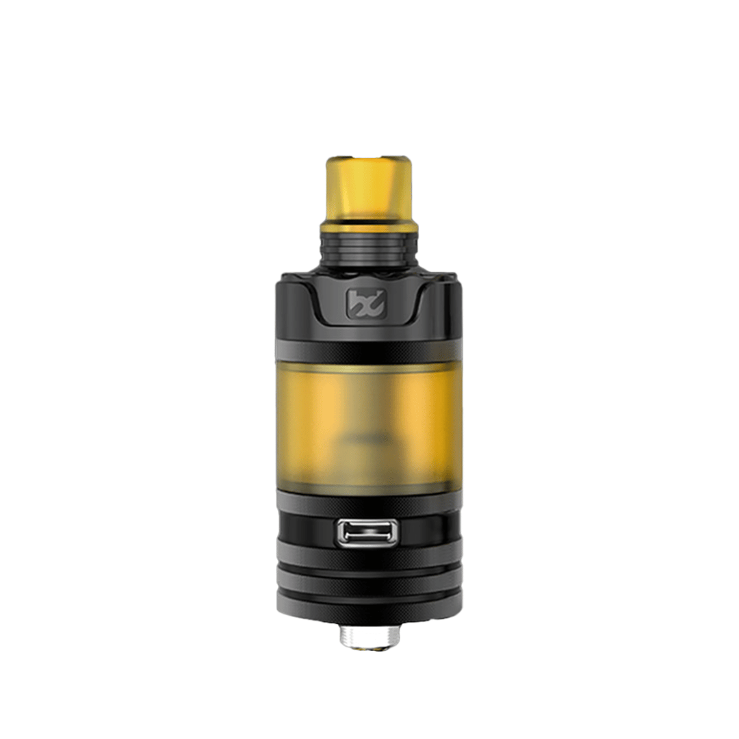 Fumytech BD Vape Precisio GT DLC Gunmetal vape tank with a yellow drip tip.