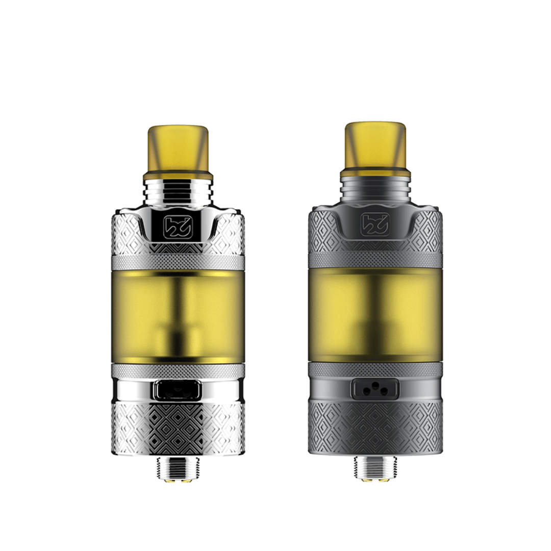 Fumytech BD Vape Precisio GT Limited Edition RTA with yellow drip tip, silver and black finishes.