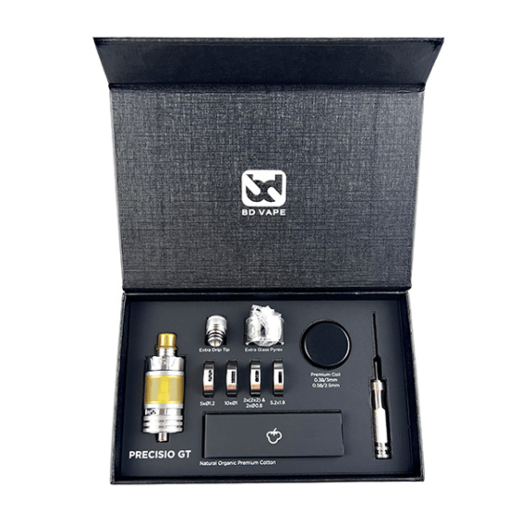 Fumytech BD Vape Precisio GT RTA kit, with coils, drip tips, and tool in black packaging.