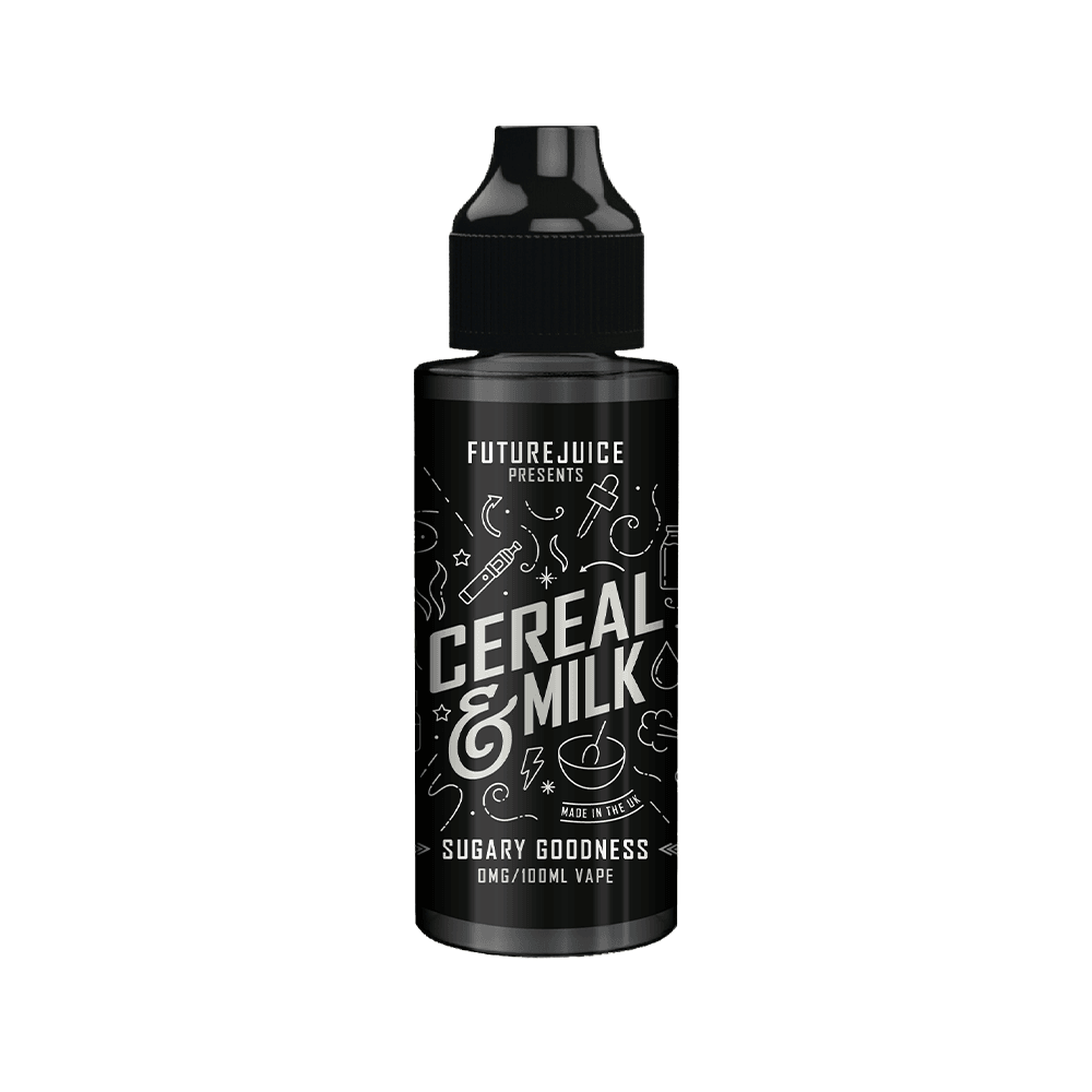 Black bottle of Future Juice "Cereal & Milk" vape liquid, 100ml shortfill.