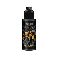 Future Juice Mango & Passion Fruit 100ml vape bottle, black with vibrant text design.