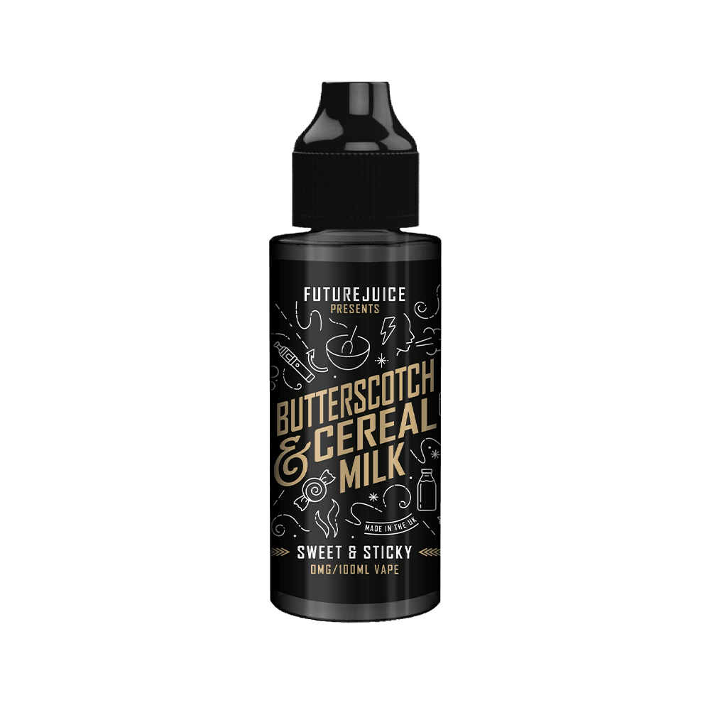 Black vape juice bottle labeled "Butterscotch & Cereal Milk" by Future Juice.