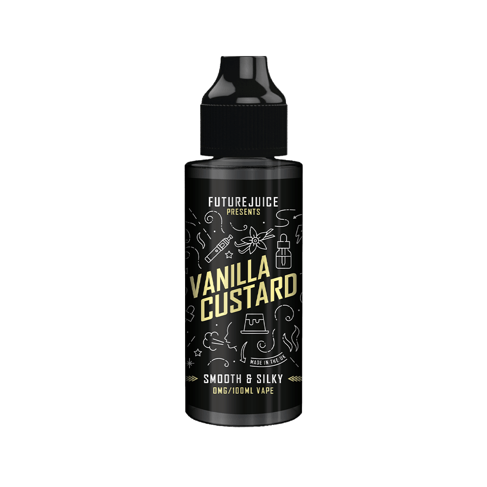 Vanilla Custard vape juice 100ml bottle with black and gold label design.