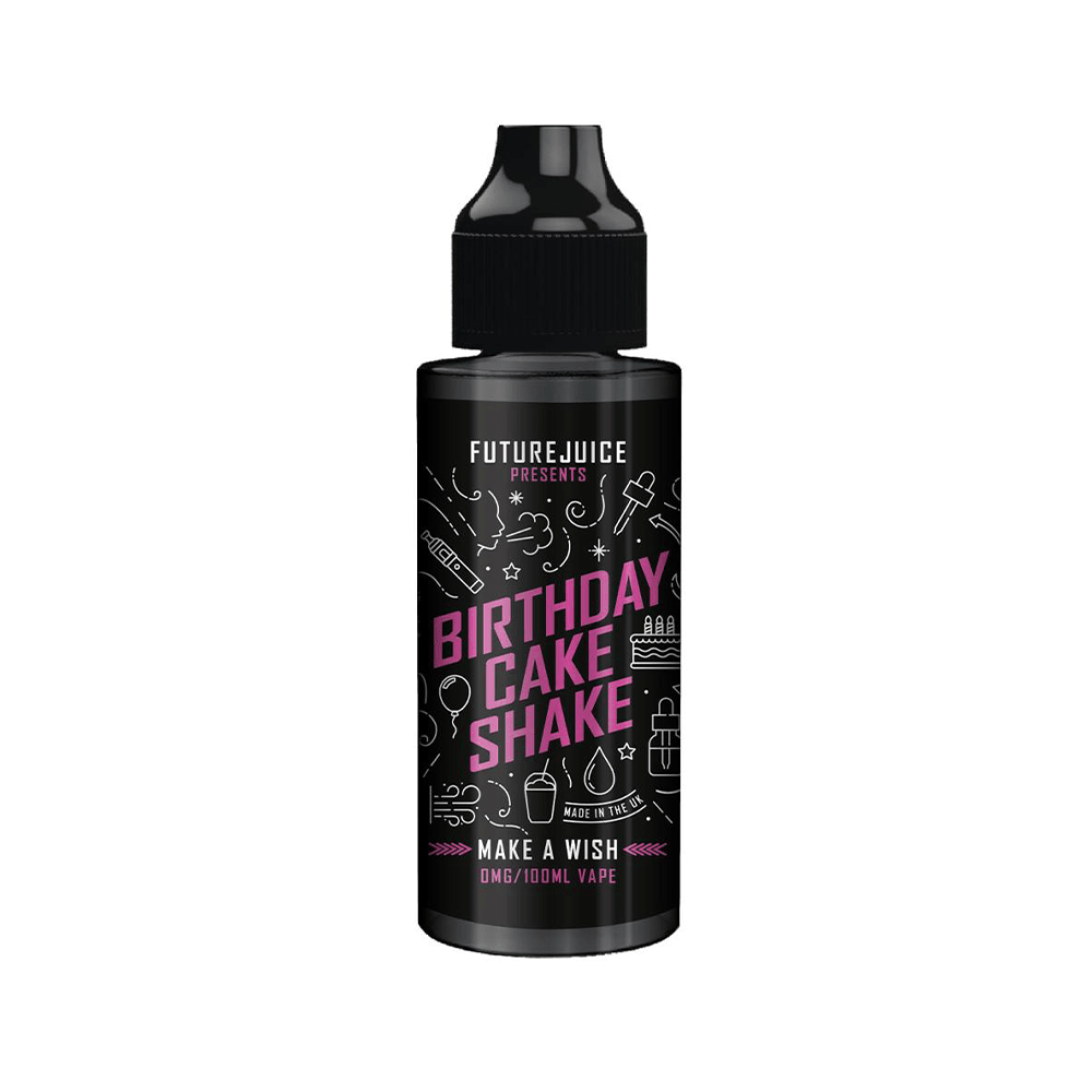 Future Juice Birthday Cake Shake 100ml vape bottle with black and pink design.